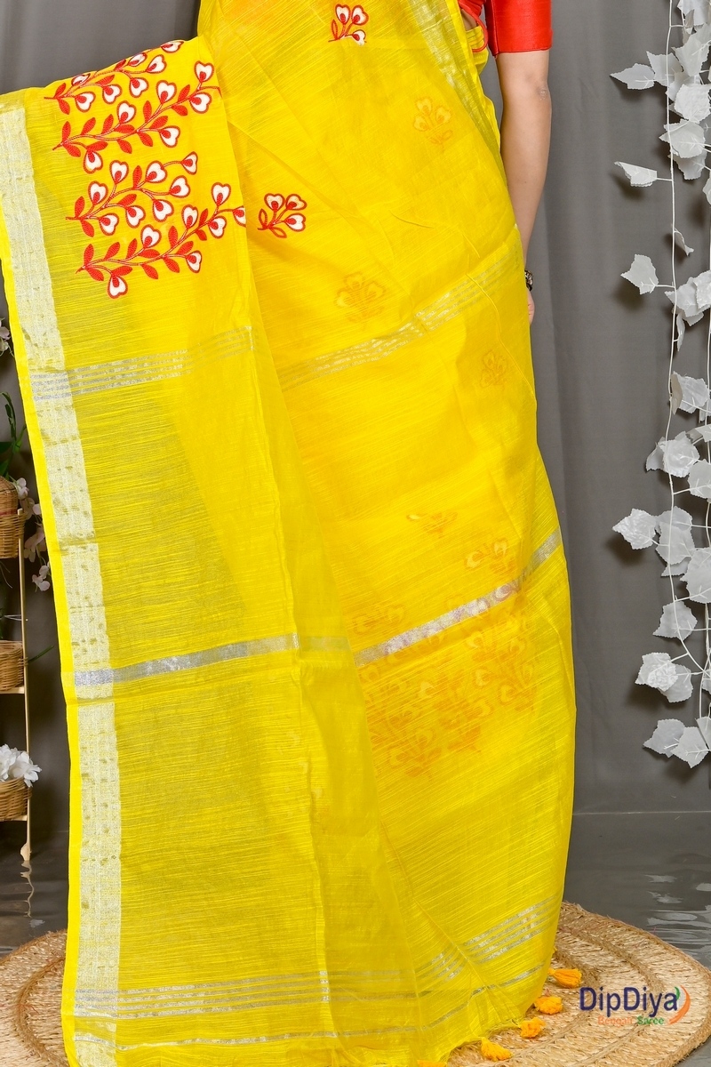 Yellow Cotton Blended Paroni Embroidery Handloom saree (497)